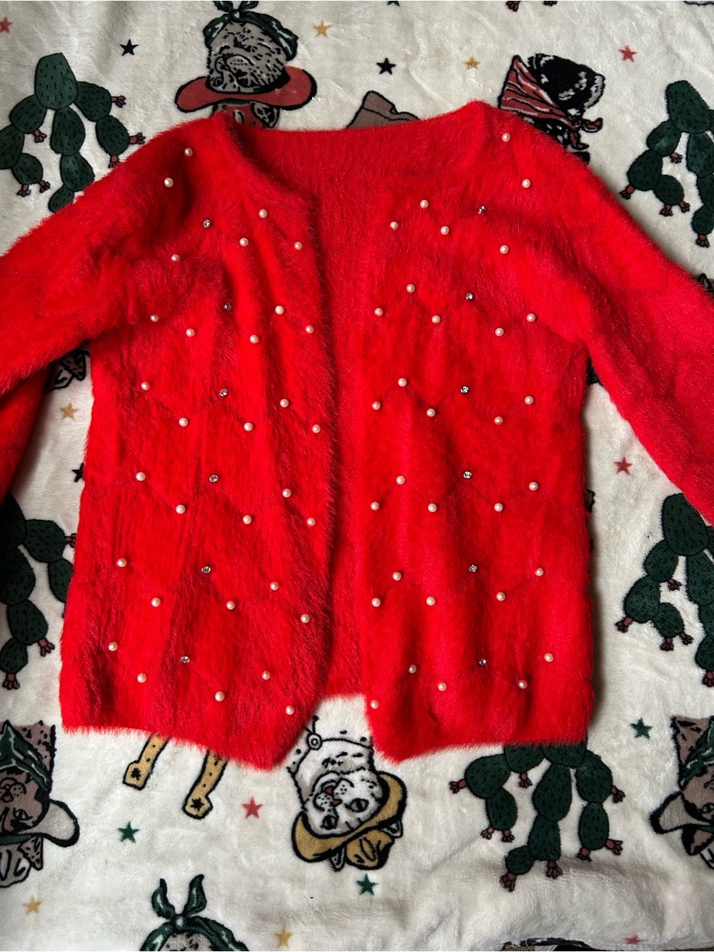 Red Faux-Fur Pearl & Rhinestone Women's Sweater Cardigan